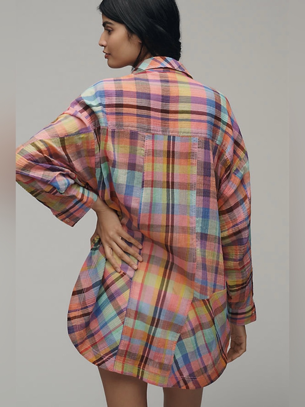 Pilcro Long-Sleeve Mixed Madras Plaid Oversized Buttondown Shirt - Picture 2 of 7